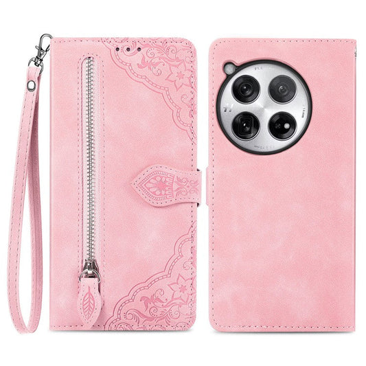 For OnePlus 12 5G Case Leather Card Slots Flower Phone Cover with Wrist Strap - Pink
