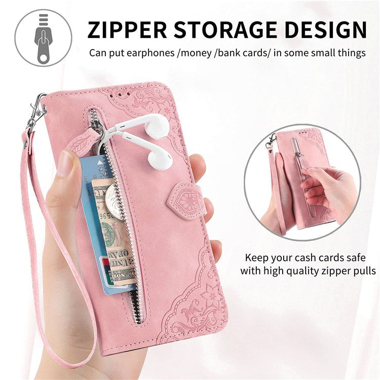 For OnePlus 12 5G Case Leather Card Slots Flower Phone Cover with Wrist Strap - Pink