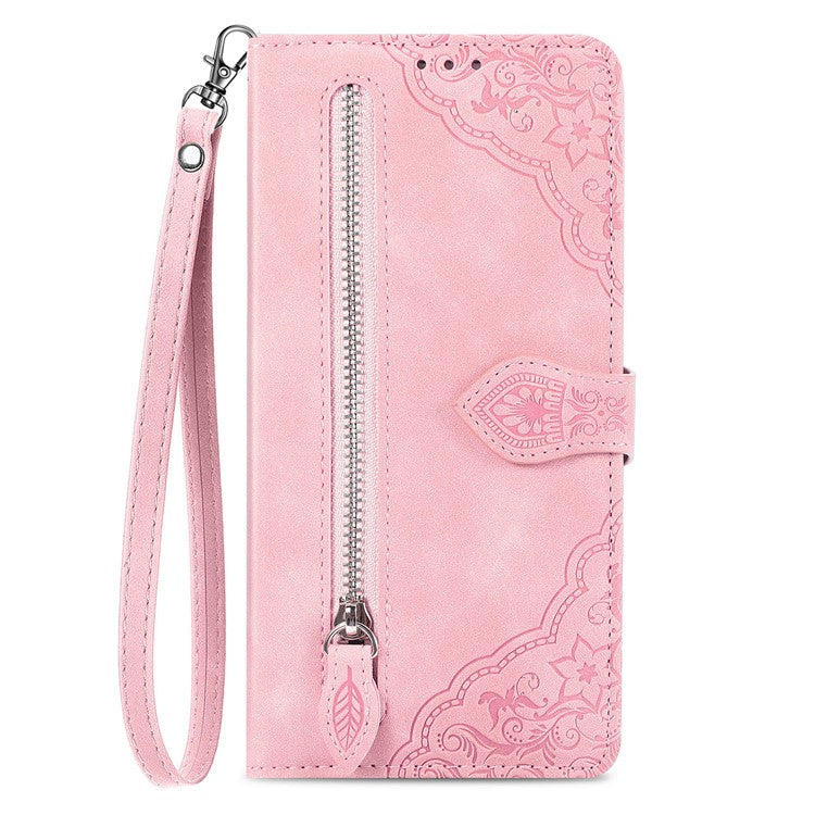 For OnePlus 12 5G Case Leather Card Slots Flower Phone Cover with Wrist Strap - Pink