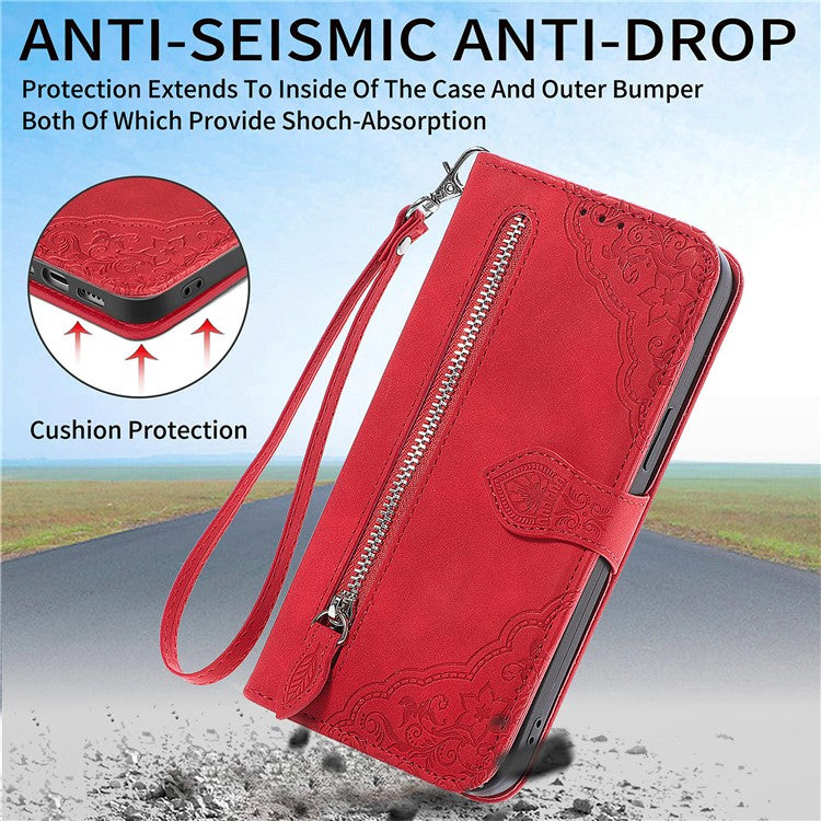 For OnePlus 12 5G Case Leather Card Slots Flower Phone Cover with Wrist Strap - Red