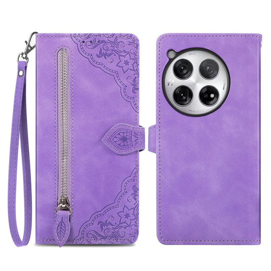 For OnePlus 12 5G Case Leather Card Slots Flower Phone Cover with Wrist Strap - Light Purple
