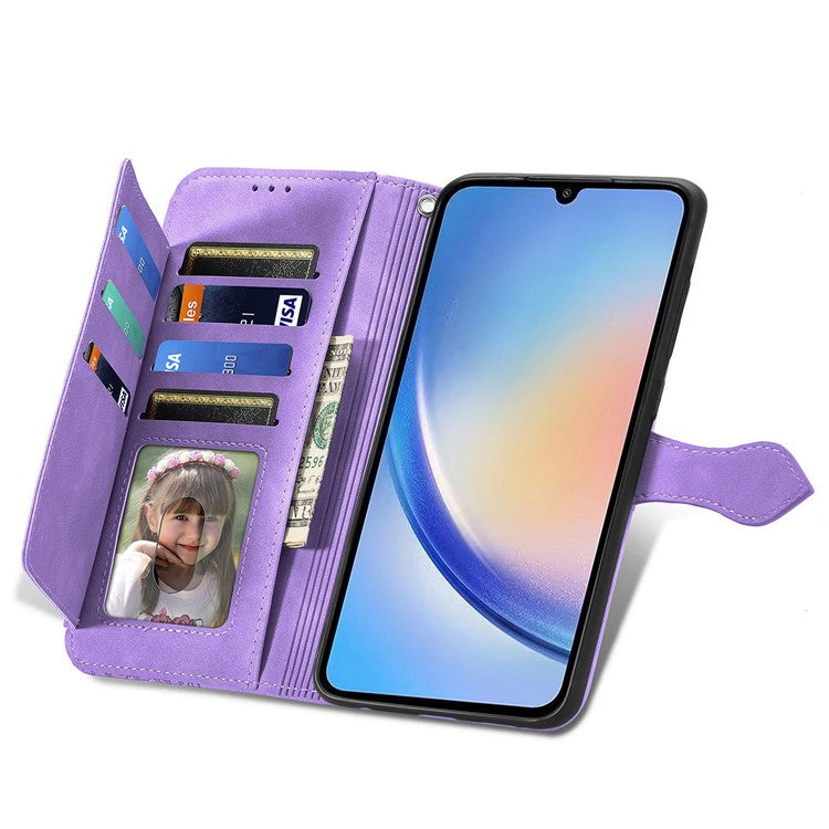 For OnePlus 12 5G Case Leather Card Slots Flower Phone Cover with Wrist Strap - Light Purple