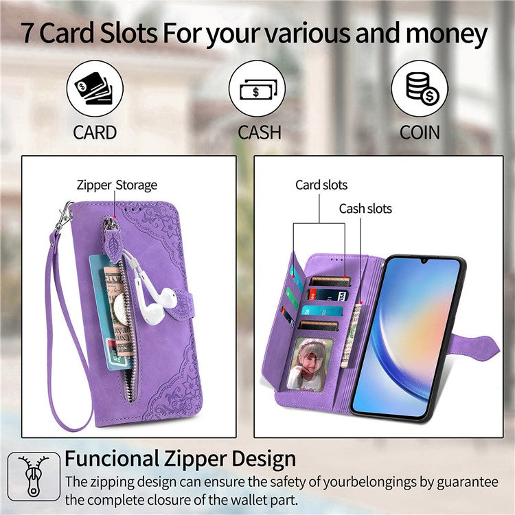 For OnePlus 12 5G Case Leather Card Slots Flower Phone Cover with Wrist Strap - Light Purple