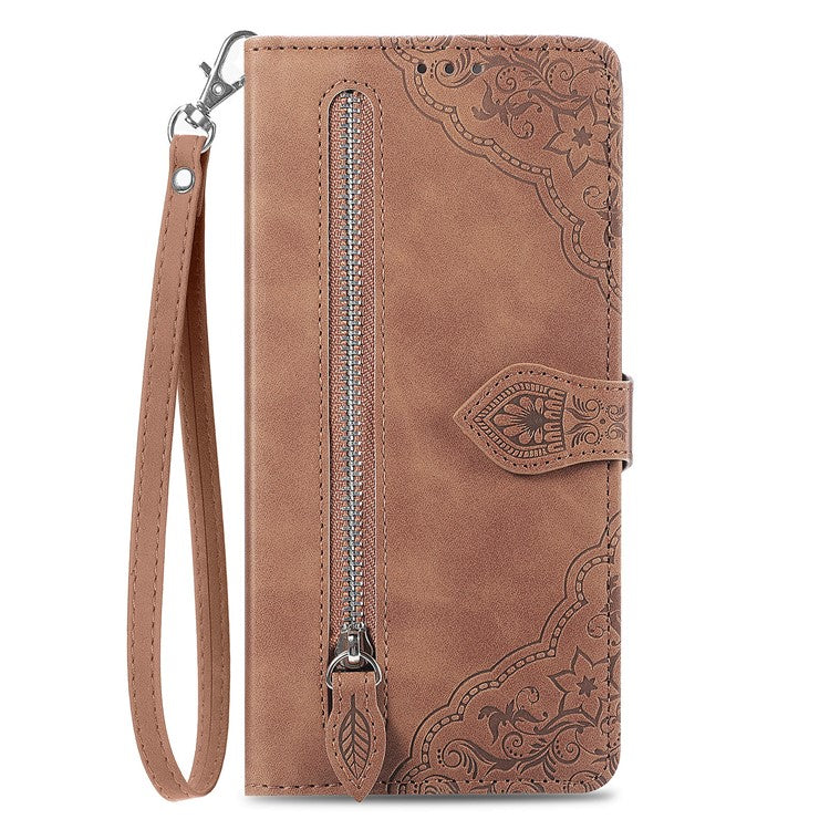 For OnePlus 12 5G Case Leather Card Slots Flower Phone Cover with Wrist Strap - Brown