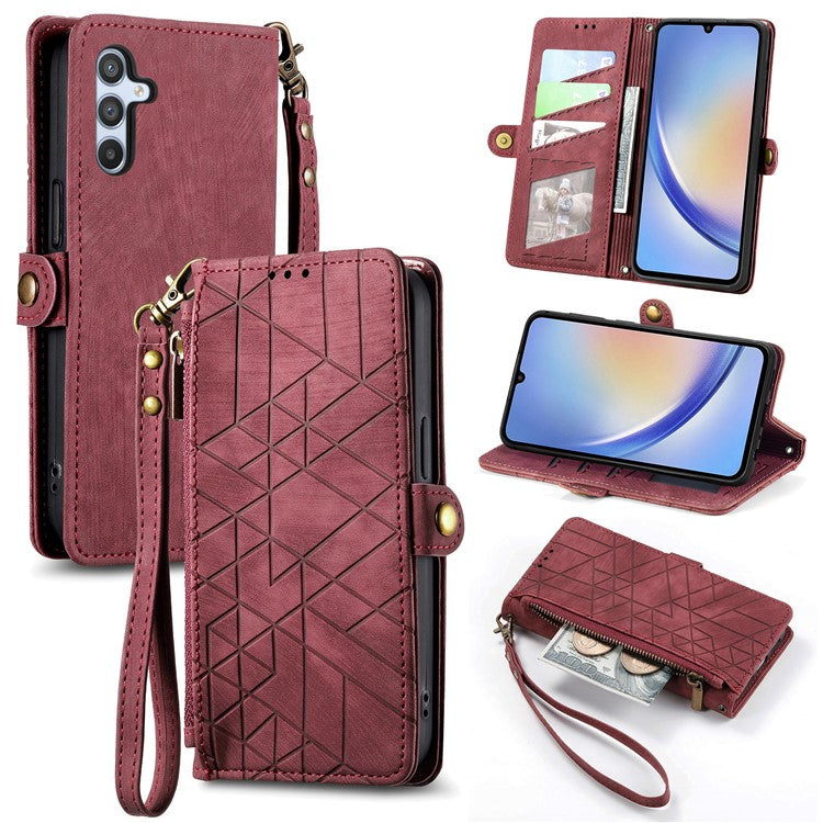 Flip Stand Phone Case for Samsung Galaxy A24 4G (162.1 X 77.6 X 8.3mm) Zipper Pocket Wallet Cell Phone Cover with Wrist Strap - Red