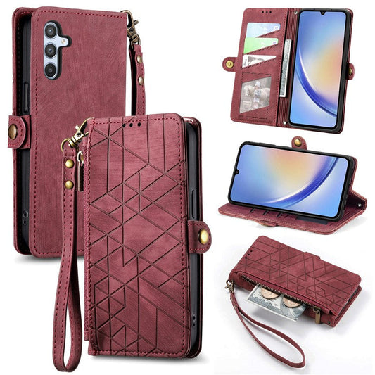 Flip Stand Phone Case for Samsung Galaxy A24 4G (162.1 X 77.6 X 8.3mm) Zipper Pocket Wallet Cell Phone Cover with Wrist Strap - Red