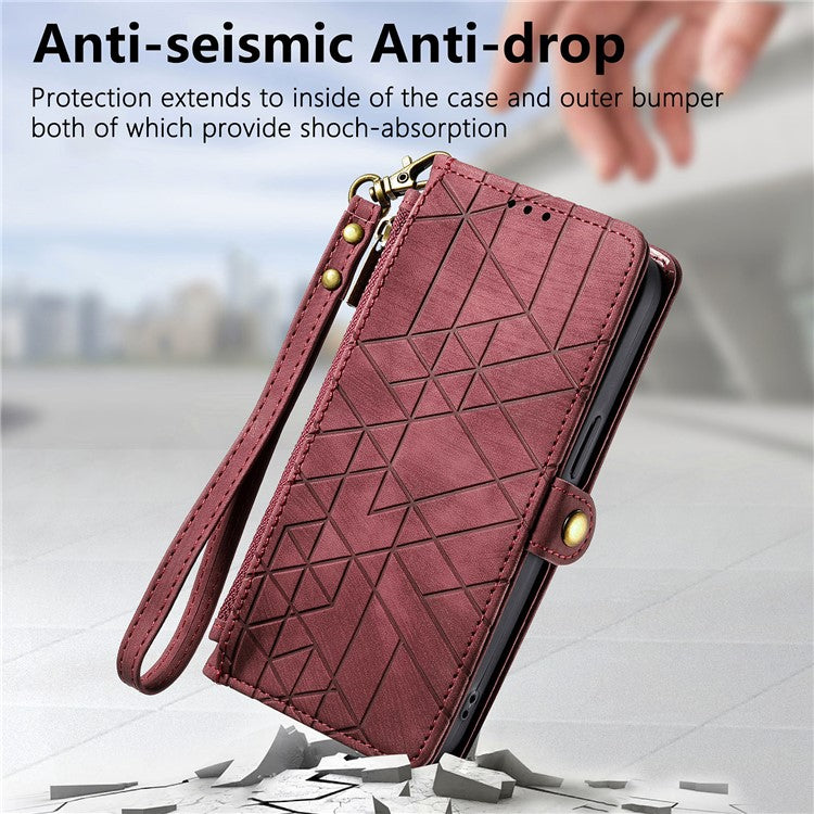 Flip Stand Phone Case for Samsung Galaxy A24 4G (162.1 X 77.6 X 8.3mm) Zipper Pocket Wallet Cell Phone Cover with Wrist Strap - Red