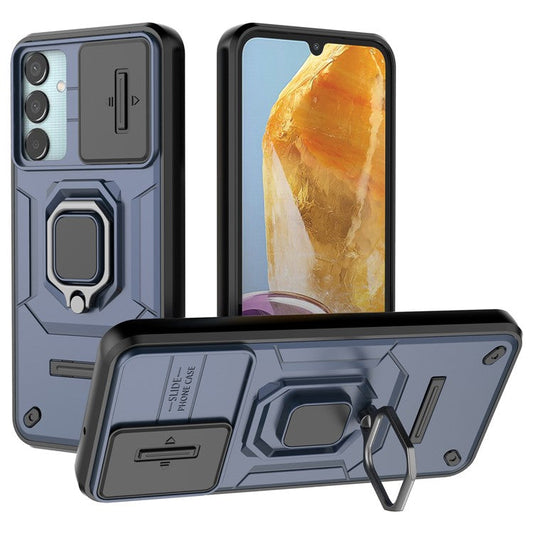 For Samsung Galaxy M15 5G Case with Slide Camera Cover Ring Kickstand PC+TPU Phone Protector - Blue