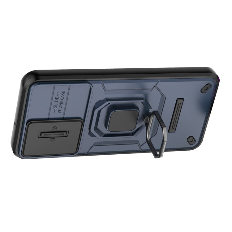 For Samsung Galaxy M15 5G Case with Slide Camera Cover Ring Kickstand PC+TPU Phone Protector - Blue