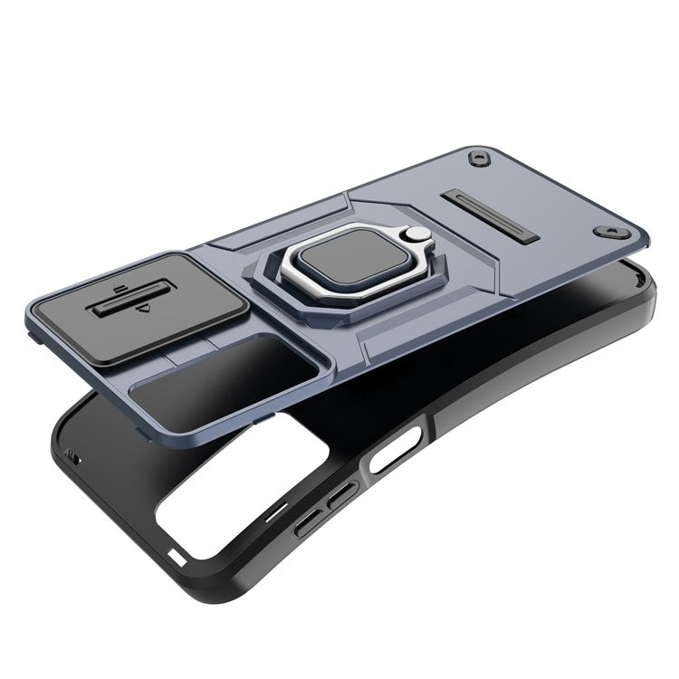 For Samsung Galaxy M15 5G Case with Slide Camera Cover Ring Kickstand PC+TPU Phone Protector - Blue