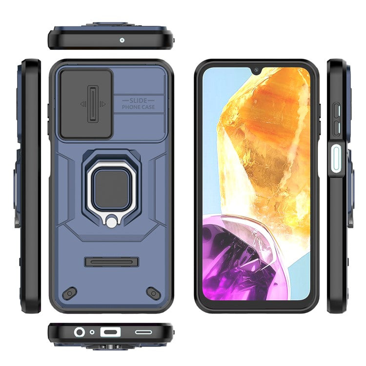 For Samsung Galaxy M15 5G Case with Slide Camera Cover Ring Kickstand PC+TPU Phone Protector - Blue