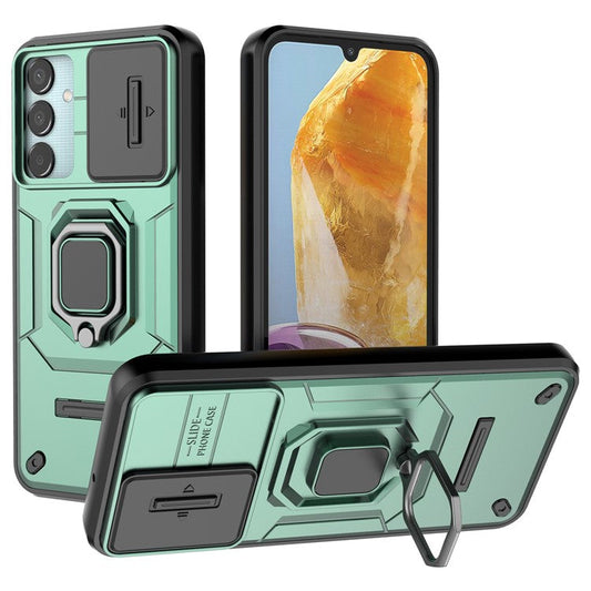For Samsung Galaxy M15 5G Case with Slide Camera Cover Ring Kickstand PC+TPU Phone Protector - Green