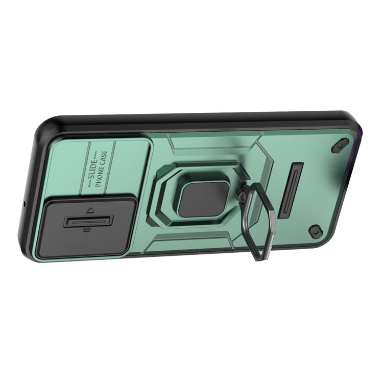 For Samsung Galaxy M15 5G Case with Slide Camera Cover Ring Kickstand PC+TPU Phone Protector - Green