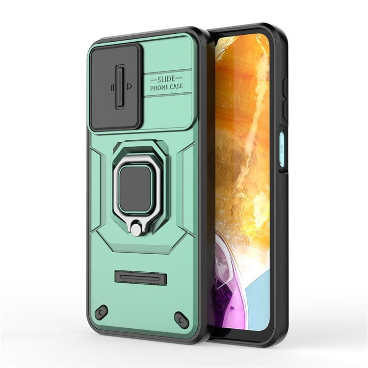 For Samsung Galaxy M15 5G Case with Slide Camera Cover Ring Kickstand PC+TPU Phone Protector - Green