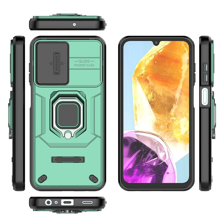 For Samsung Galaxy M15 5G Case with Slide Camera Cover Ring Kickstand PC+TPU Phone Protector - Green
