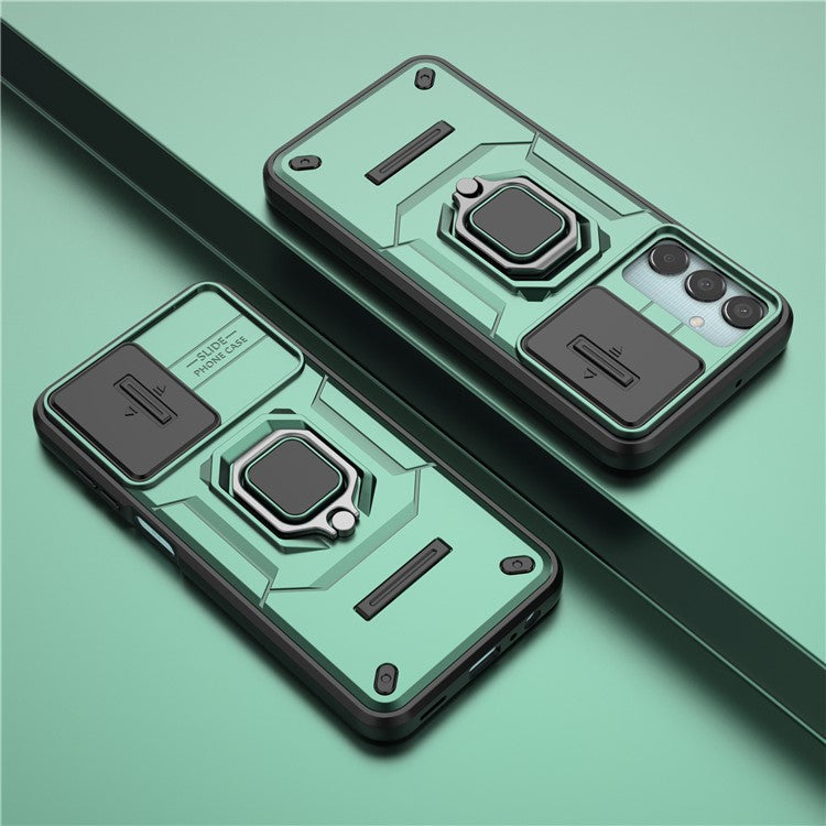 For Samsung Galaxy M15 5G Case with Slide Camera Cover Ring Kickstand PC+TPU Phone Protector - Green