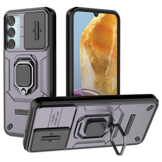 For Samsung Galaxy M15 5G Case with Slide Camera Cover Ring Kickstand PC+TPU Phone Protector - Purple