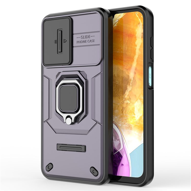 For Samsung Galaxy M15 5G Case with Slide Camera Cover Ring Kickstand PC+TPU Phone Protector - Purple