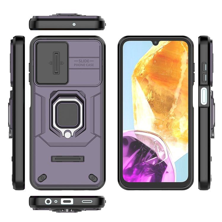 For Samsung Galaxy M15 5G Case with Slide Camera Cover Ring Kickstand PC+TPU Phone Protector - Purple