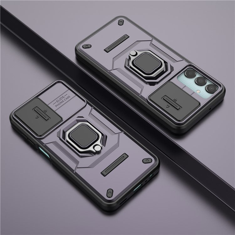 For Samsung Galaxy M15 5G Case with Slide Camera Cover Ring Kickstand PC+TPU Phone Protector - Purple
