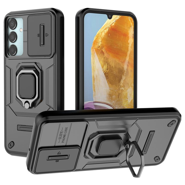 For Samsung Galaxy M15 5G Case with Slide Camera Cover Ring Kickstand PC+TPU Phone Protector - Black