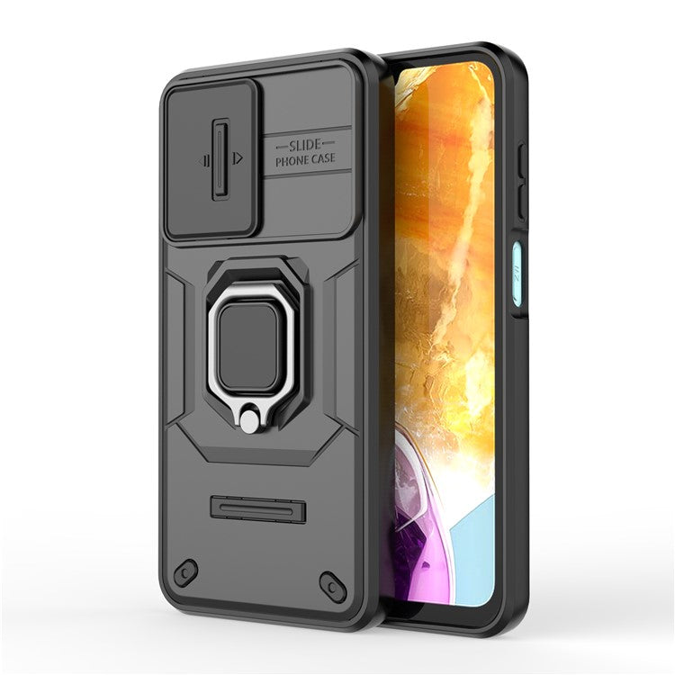 For Samsung Galaxy M15 5G Case with Slide Camera Cover Ring Kickstand PC+TPU Phone Protector - Black