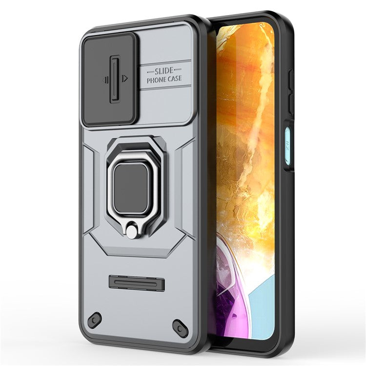 For Samsung Galaxy M15 5G Case with Slide Camera Cover Ring Kickstand PC+TPU Phone Protector - Grey