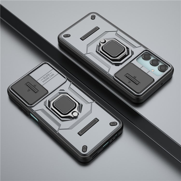 For Samsung Galaxy M15 5G Case with Slide Camera Cover Ring Kickstand PC+TPU Phone Protector - Grey