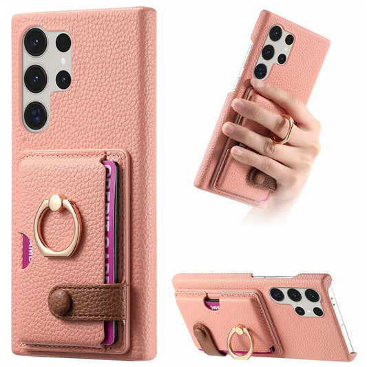 Y2 For Samsung Galaxy S23 Ultra Case Ring Kickstand Phone Cover with Card Slot - Pink