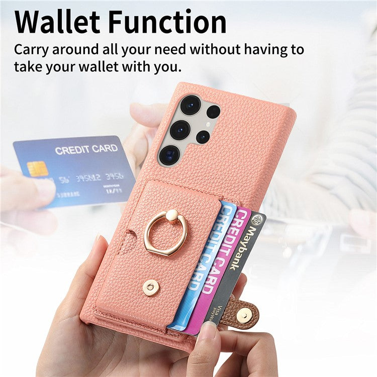 Y2 For Samsung Galaxy S23 Ultra Case Ring Kickstand Phone Cover with Card Slot - Pink