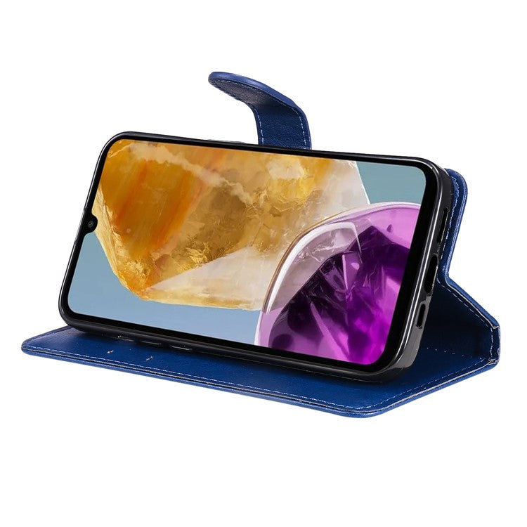 For Samsung Galaxy M15 5G Case Solid Color Leather Mobile Cover Wallet Stand with Strap - Blue