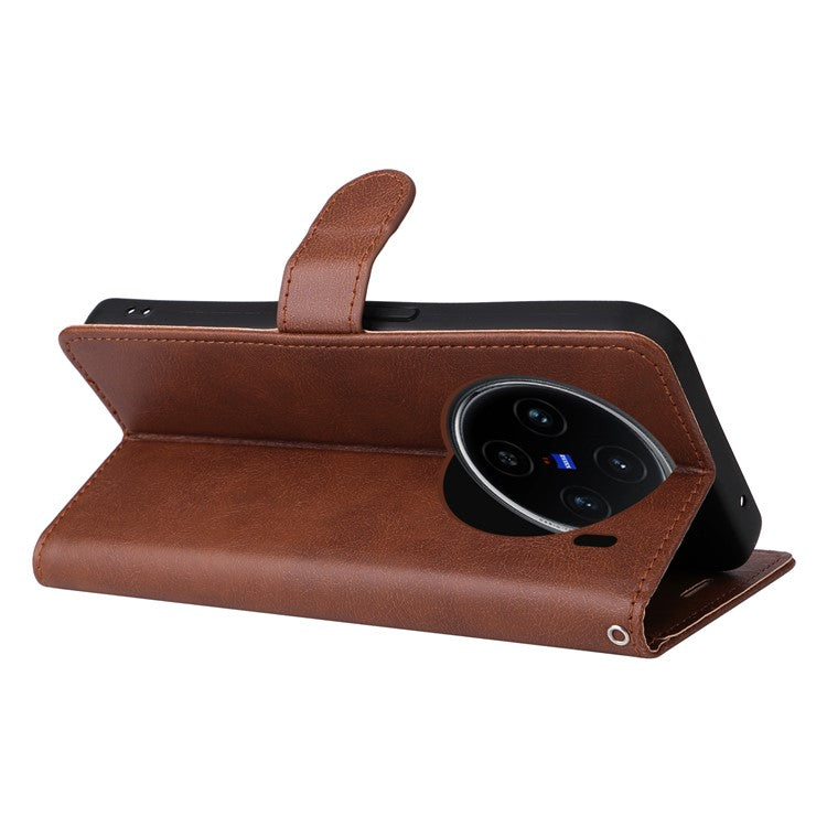 KT Leather Series-2 for vivo X100 5G Case Wallet PU Leather Solid Color Phone Cover - Brown