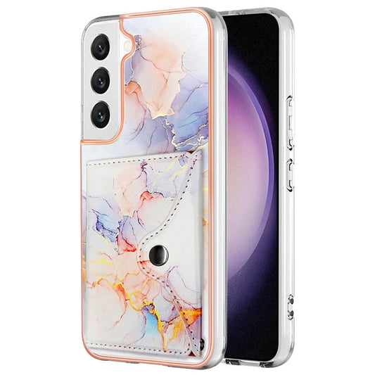 YB Leather Coating Series-9 for Samsung Galaxy S23+ Kickstand Case PU+TPU IMD Phone Cover with Card Slot - 004 Marble White