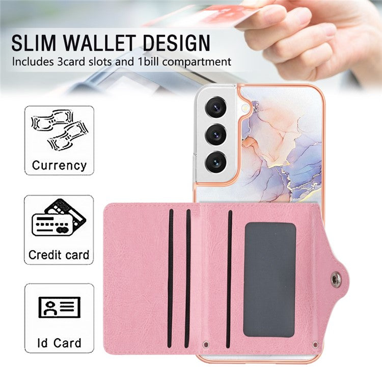 YB Leather Coating Series-9 for Samsung Galaxy S23+ Kickstand Case PU+TPU IMD Phone Cover with Card Slot - 004 Marble White