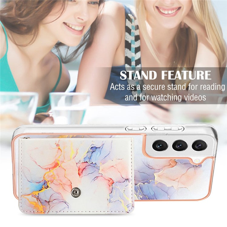 YB Leather Coating Series-9 for Samsung Galaxy S23+ Kickstand Case PU+TPU IMD Phone Cover with Card Slot - 004 Marble White