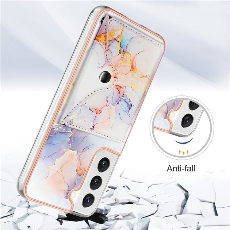 YB Leather Coating Series-9 for Samsung Galaxy S23+ Kickstand Case PU+TPU IMD Phone Cover with Card Slot - 004 Marble White