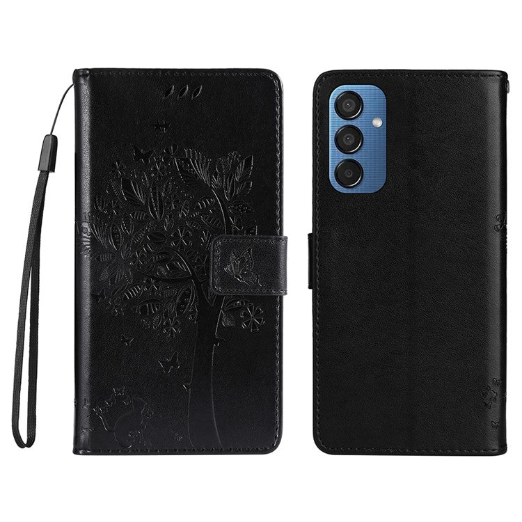 For Samsung Galaxy M15 5G Phone Case with Stand Cat Tree Pattern Leather Wallet Mobile Cover - Black