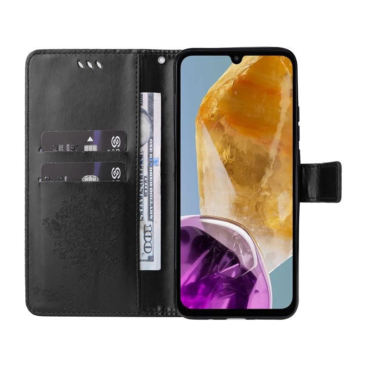 For Samsung Galaxy M15 5G Phone Case with Stand Cat Tree Pattern Leather Wallet Mobile Cover - Black