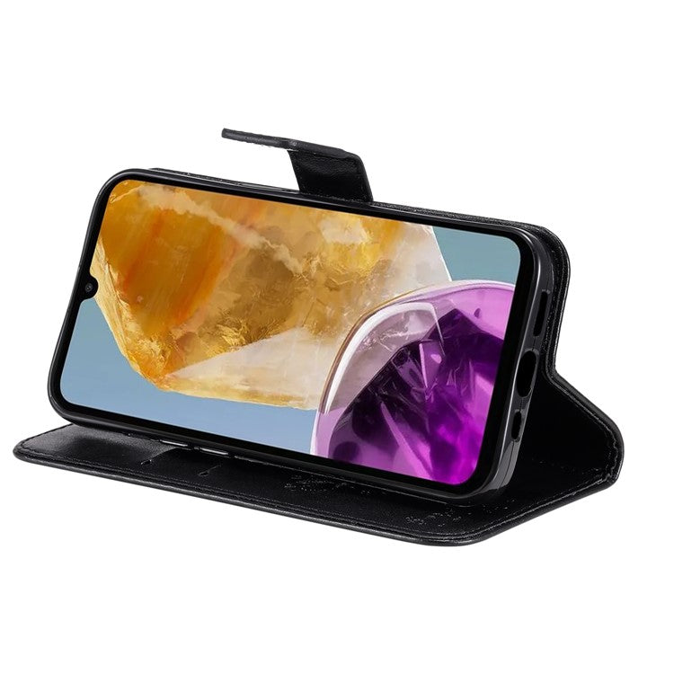 For Samsung Galaxy M15 5G Phone Case with Stand Cat Tree Pattern Leather Wallet Mobile Cover - Black