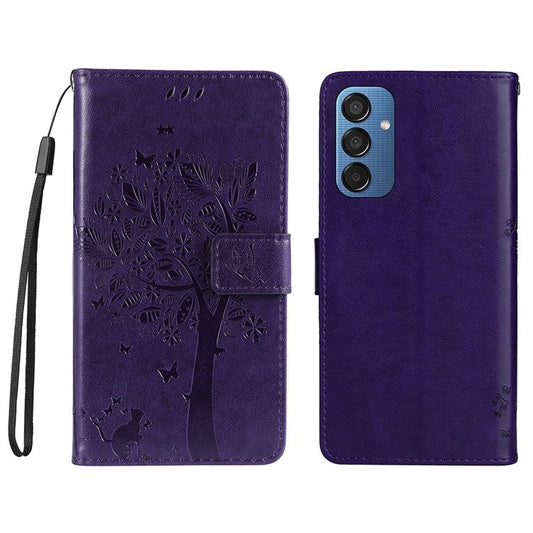 For Samsung Galaxy M15 5G Phone Case with Stand Cat Tree Pattern Leather Wallet Mobile Cover - Purple