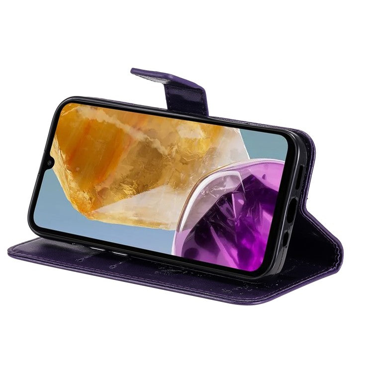 For Samsung Galaxy M15 5G Phone Case with Stand Cat Tree Pattern Leather Wallet Mobile Cover - Purple