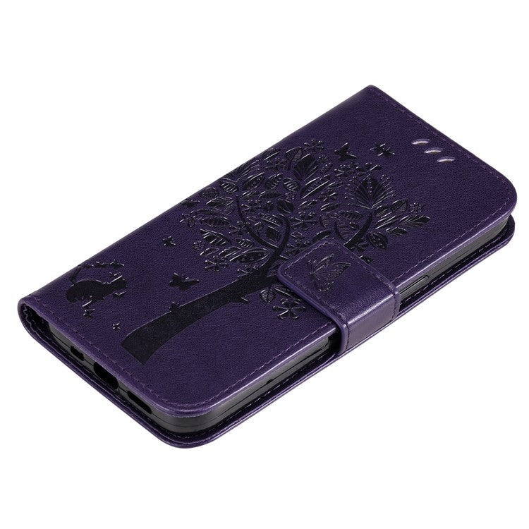 For Samsung Galaxy M15 5G Phone Case with Stand Cat Tree Pattern Leather Wallet Mobile Cover - Purple