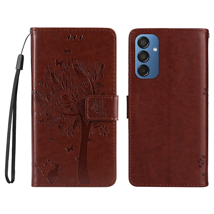 For Samsung Galaxy M15 5G Phone Case with Stand Cat Tree Pattern Leather Wallet Mobile Cover - Coffee