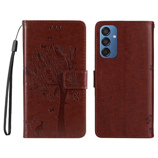 For Samsung Galaxy M15 5G Phone Case with Stand Cat Tree Pattern Leather Wallet Mobile Cover - Coffee