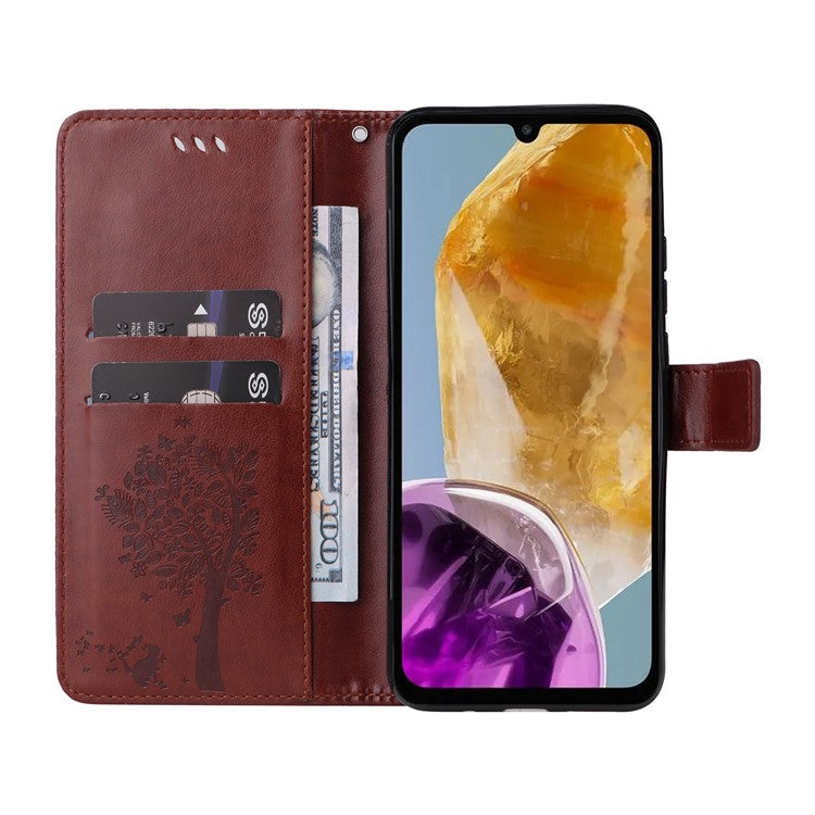 For Samsung Galaxy M15 5G Phone Case with Stand Cat Tree Pattern Leather Wallet Mobile Cover - Coffee