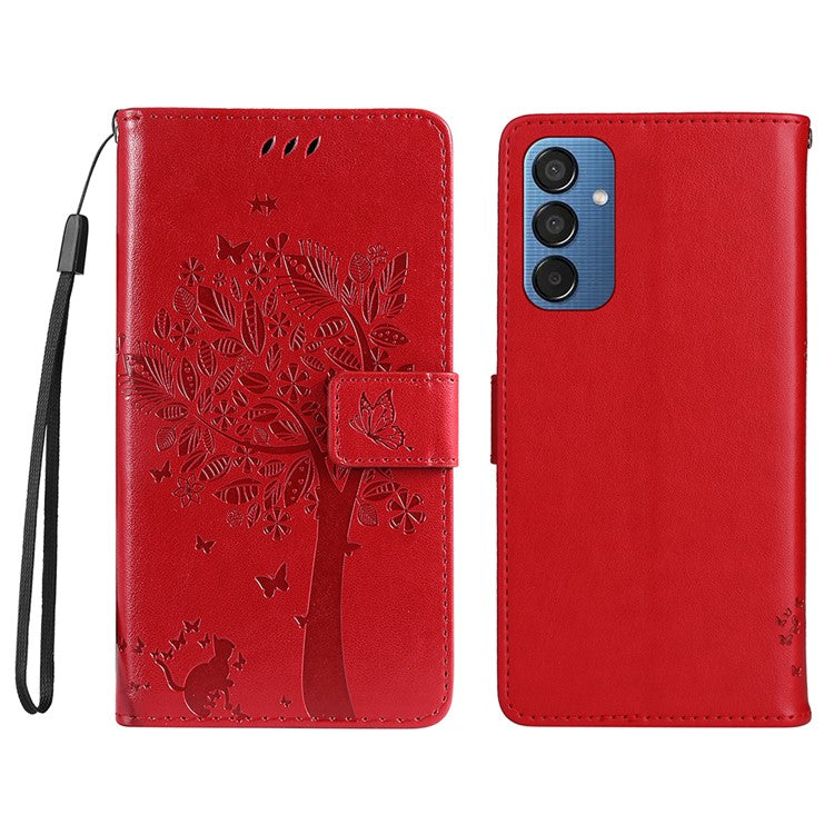 For Samsung Galaxy M15 5G Phone Case with Stand Cat Tree Pattern Leather Wallet Mobile Cover - Red