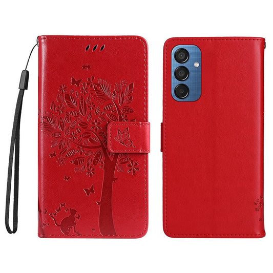 For Samsung Galaxy M15 5G Phone Case with Stand Cat Tree Pattern Leather Wallet Mobile Cover - Red