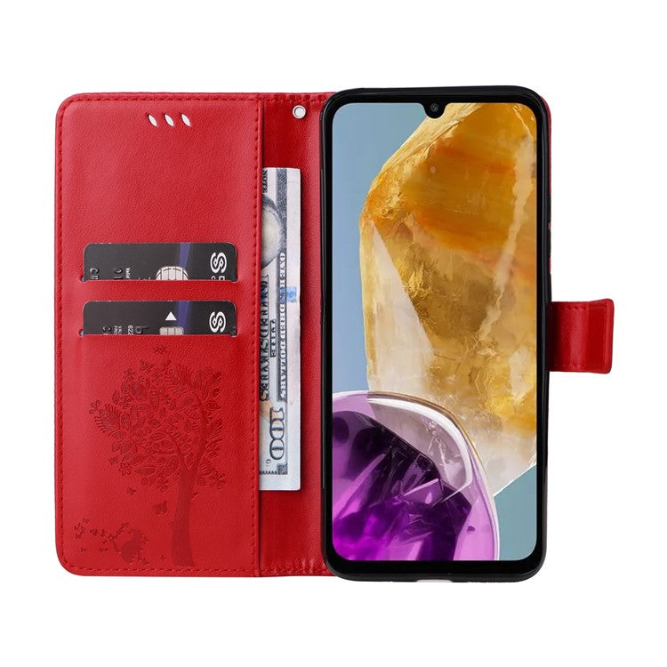 For Samsung Galaxy M15 5G Phone Case with Stand Cat Tree Pattern Leather Wallet Mobile Cover - Red