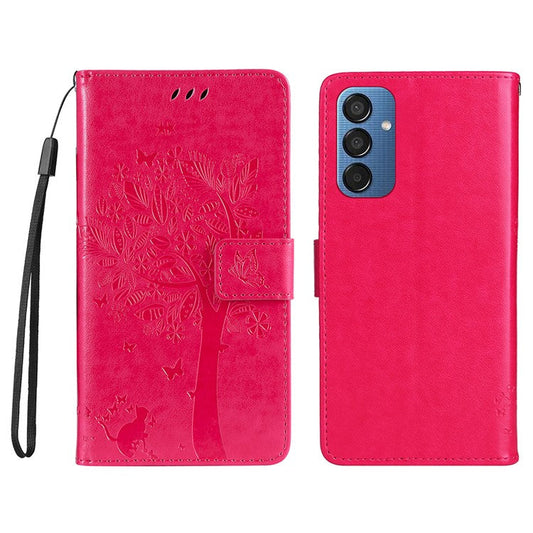 For Samsung Galaxy M15 5G Phone Case with Stand Cat Tree Pattern Leather Wallet Mobile Cover - Rose
