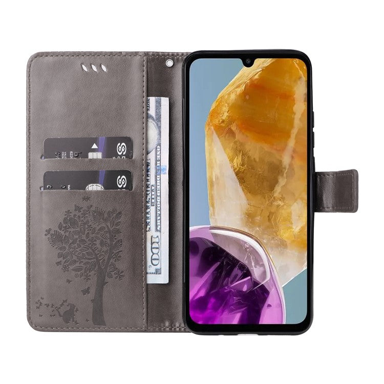 For Samsung Galaxy M15 5G Phone Case with Stand Cat Tree Pattern Leather Wallet Mobile Cover - Grey